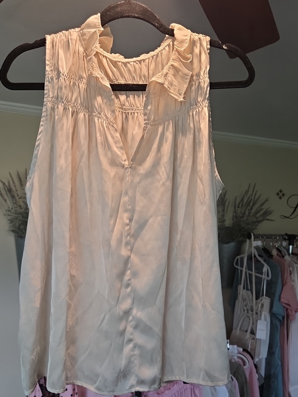 Vintage Tea Stained glam Cream Ruffled Sleeveless Smocked Yoke Camisole